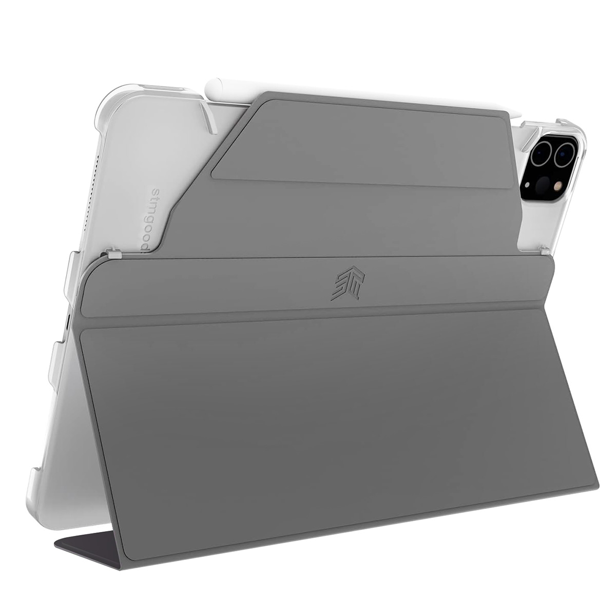 Un iPad in una custodia grigia e trasparente, aperto con la matita in posizione.