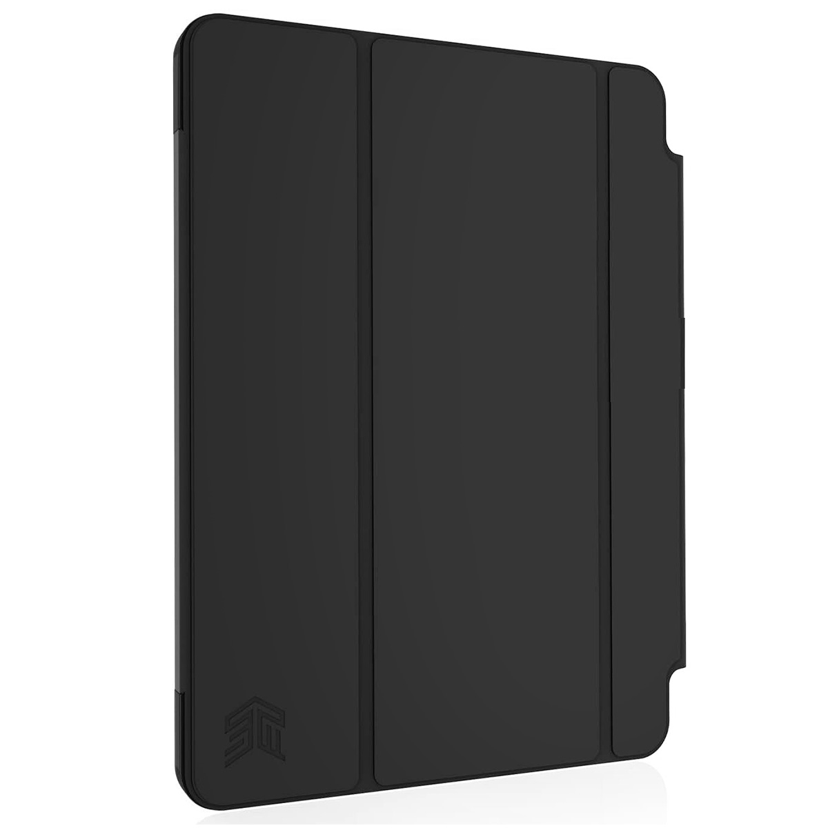 Custodia nera per tablet con logo in basso a sinistra.