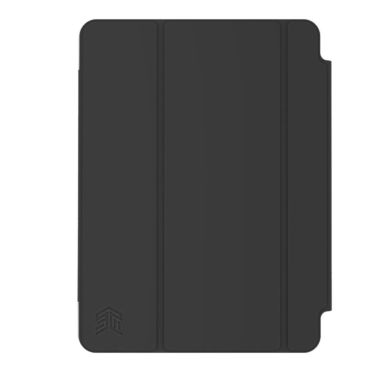 Una custodia per iPad chiusa, nera e con un logo nell'angolo in basso a destra.