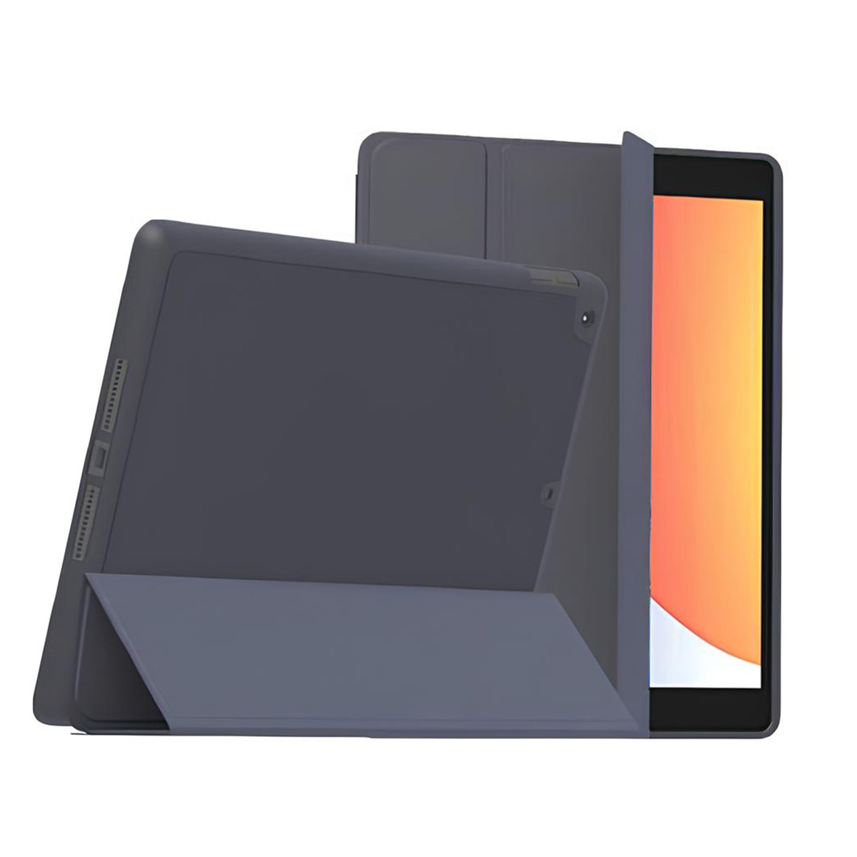 Tablet grigio scuro con una cover grigio scuro parzialmente aperta. Lo schermo del tablet è arancione.