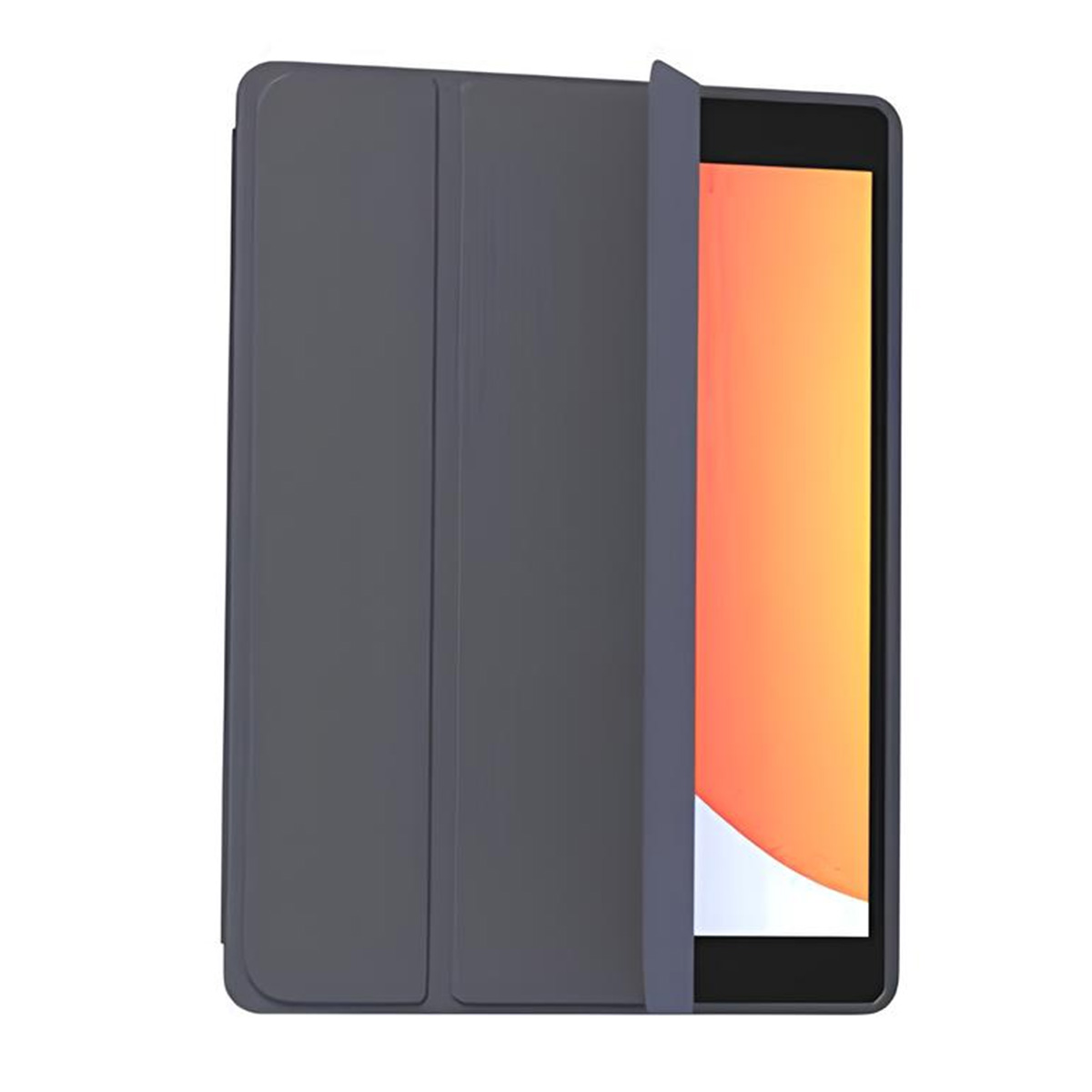 Un iPad in una custodia grigia, aperto con lo schermo visibile.
