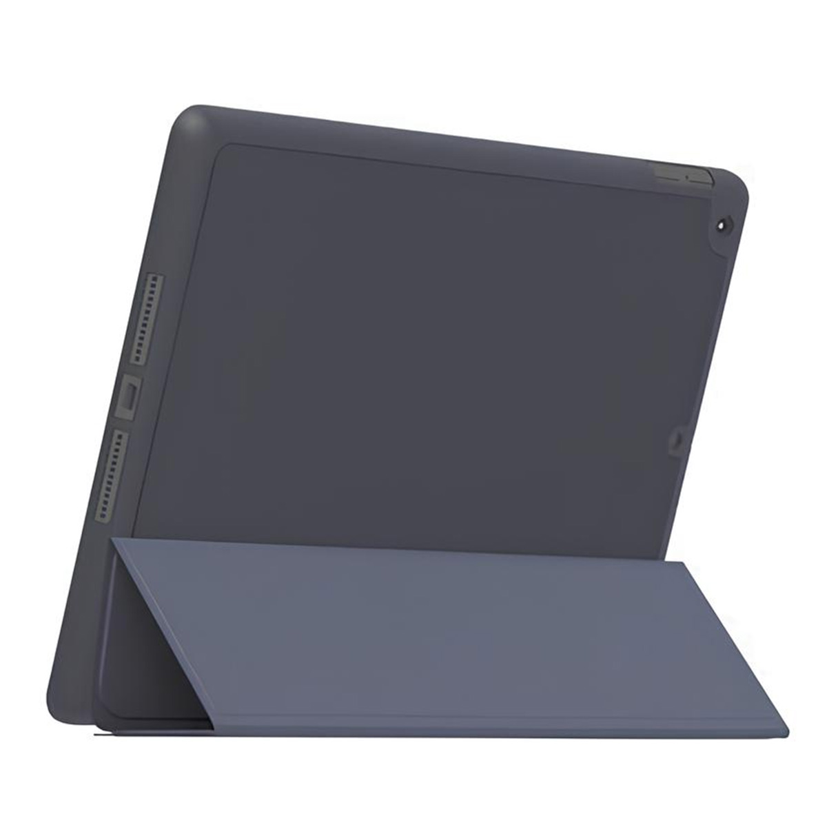 Tablet grigio scuro con la cover sollevata, che mostra il retro del dispositivo e la cover.