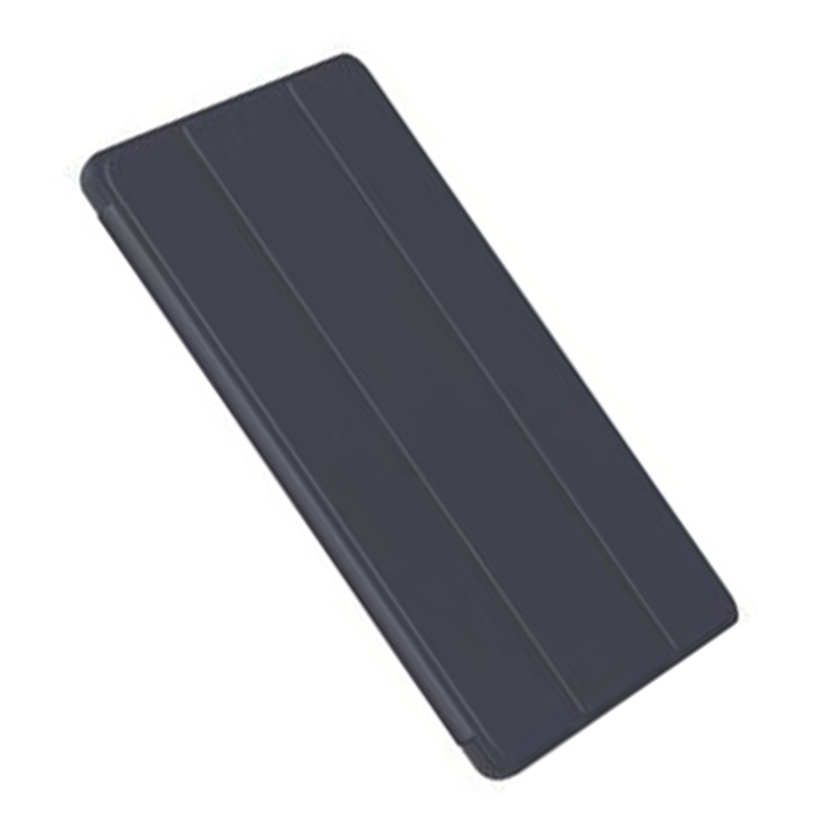 Una custodia per tablet blu scuro, chiusa, con tre linee verticali sulla copertina. Si trova su una superficie bianca.
