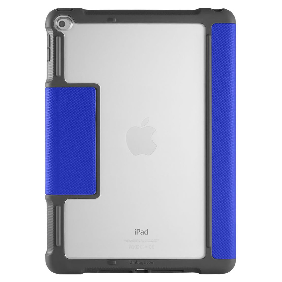 Un iPad con una custodia blu e grigia. Il logo Apple è visibile. La custodia ha un lato blu e un retro grigio.