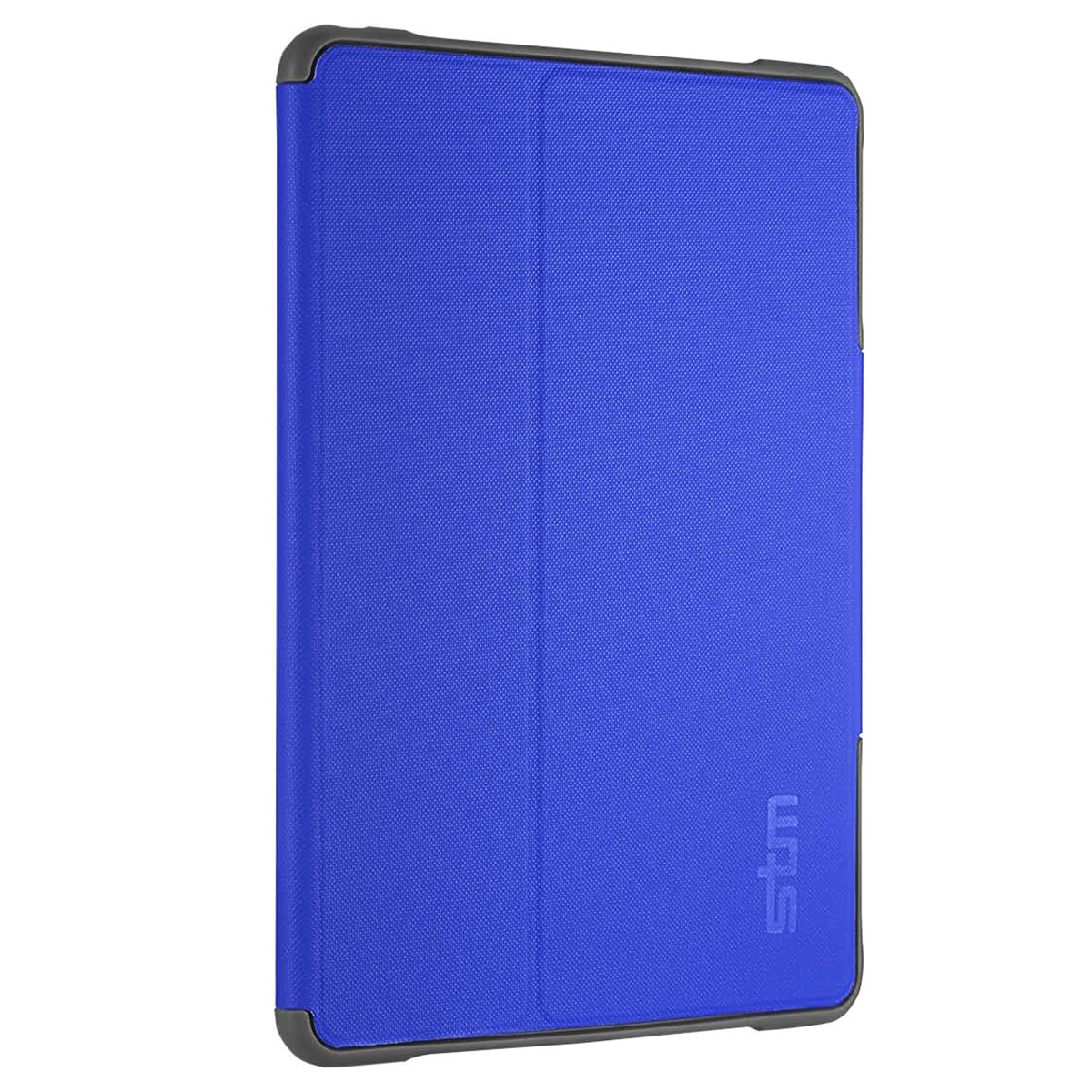 Una custodia blu per tablet con un bordo grigio scuro. La custodia è chiusa.