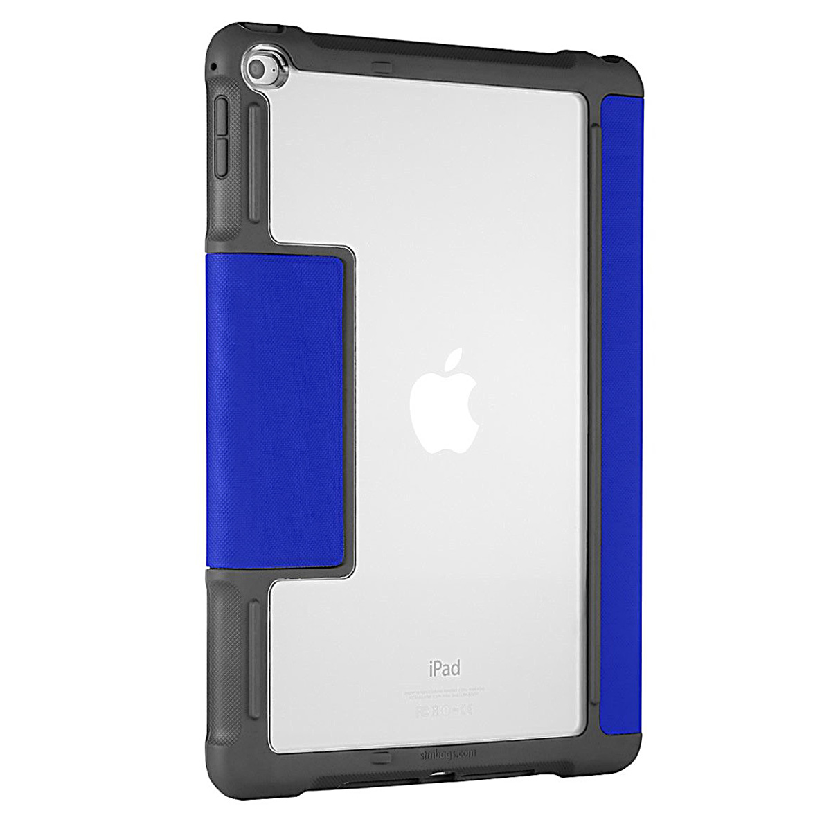 Una custodia per iPad. La custodia è grigia con un accento blu e un retro trasparente che mostra l'iPad e il logo Apple.