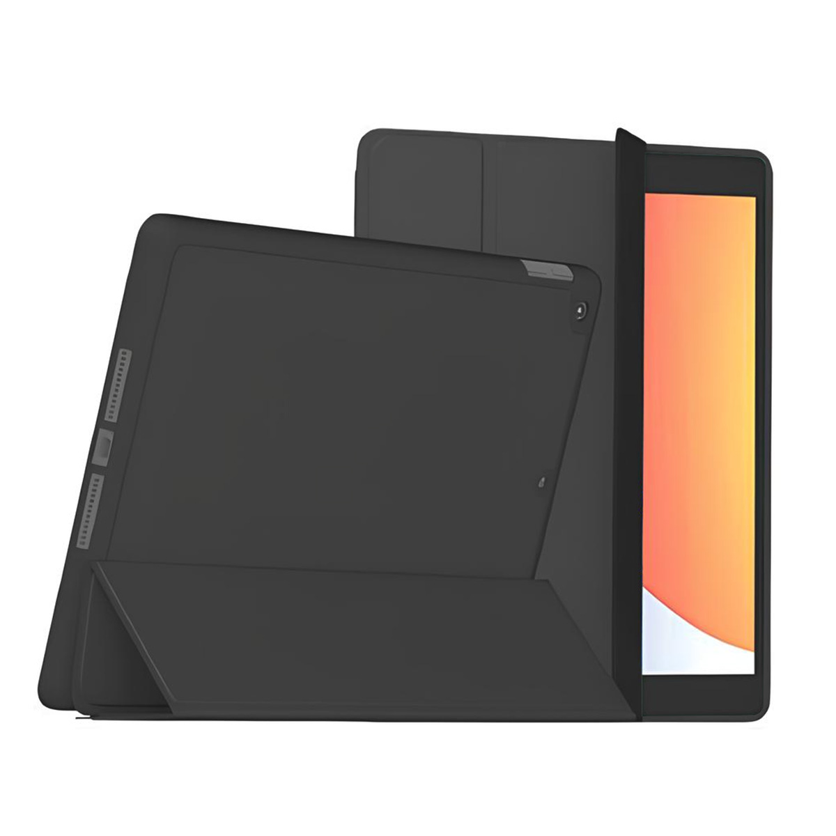 Tablet nero con una cover nera parzialmente aperta, che mostra lo schermo arancione del tablet.