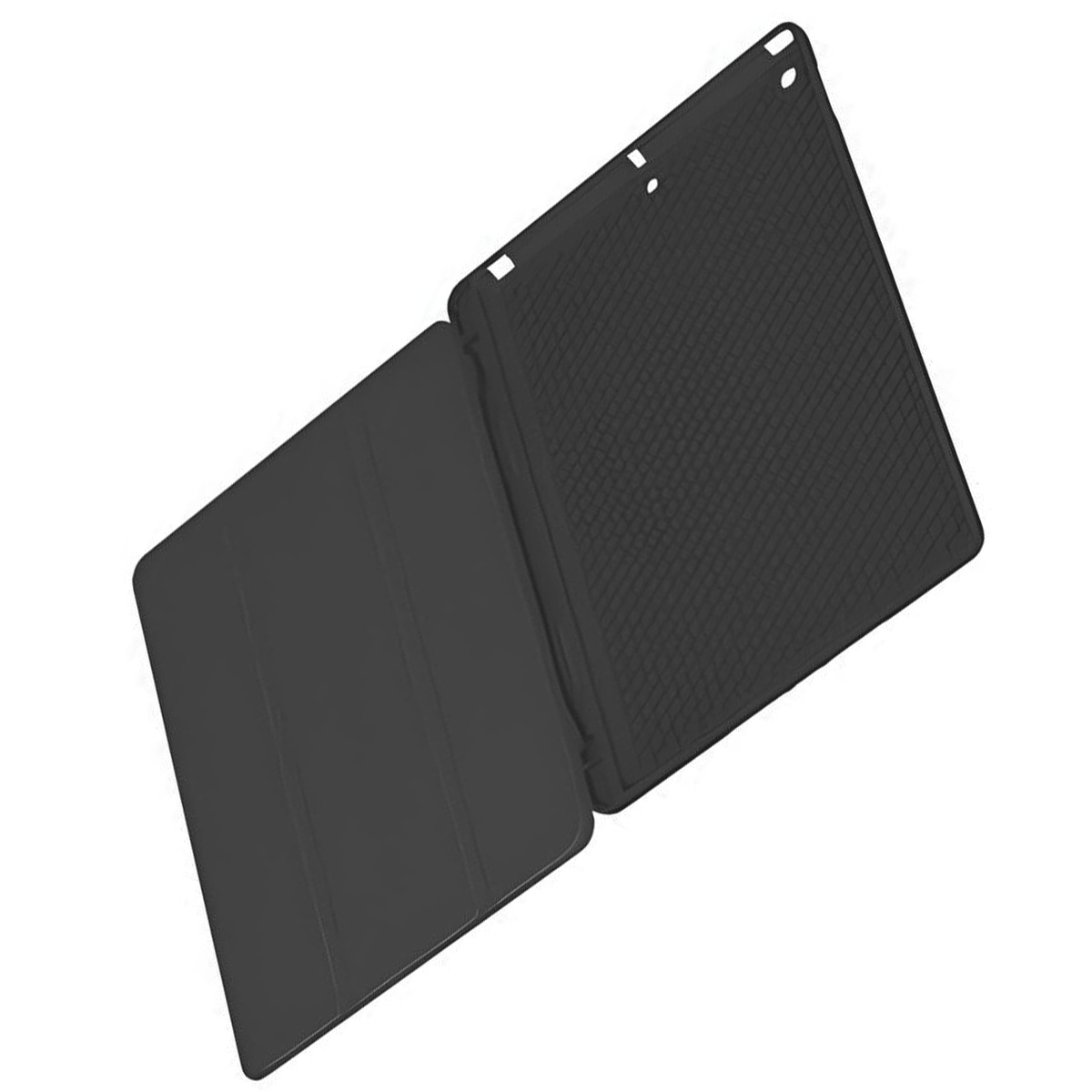 Custodia per tablet nera aperta su bianco. Interno con superficie nera strutturata. Sfondo bianco.