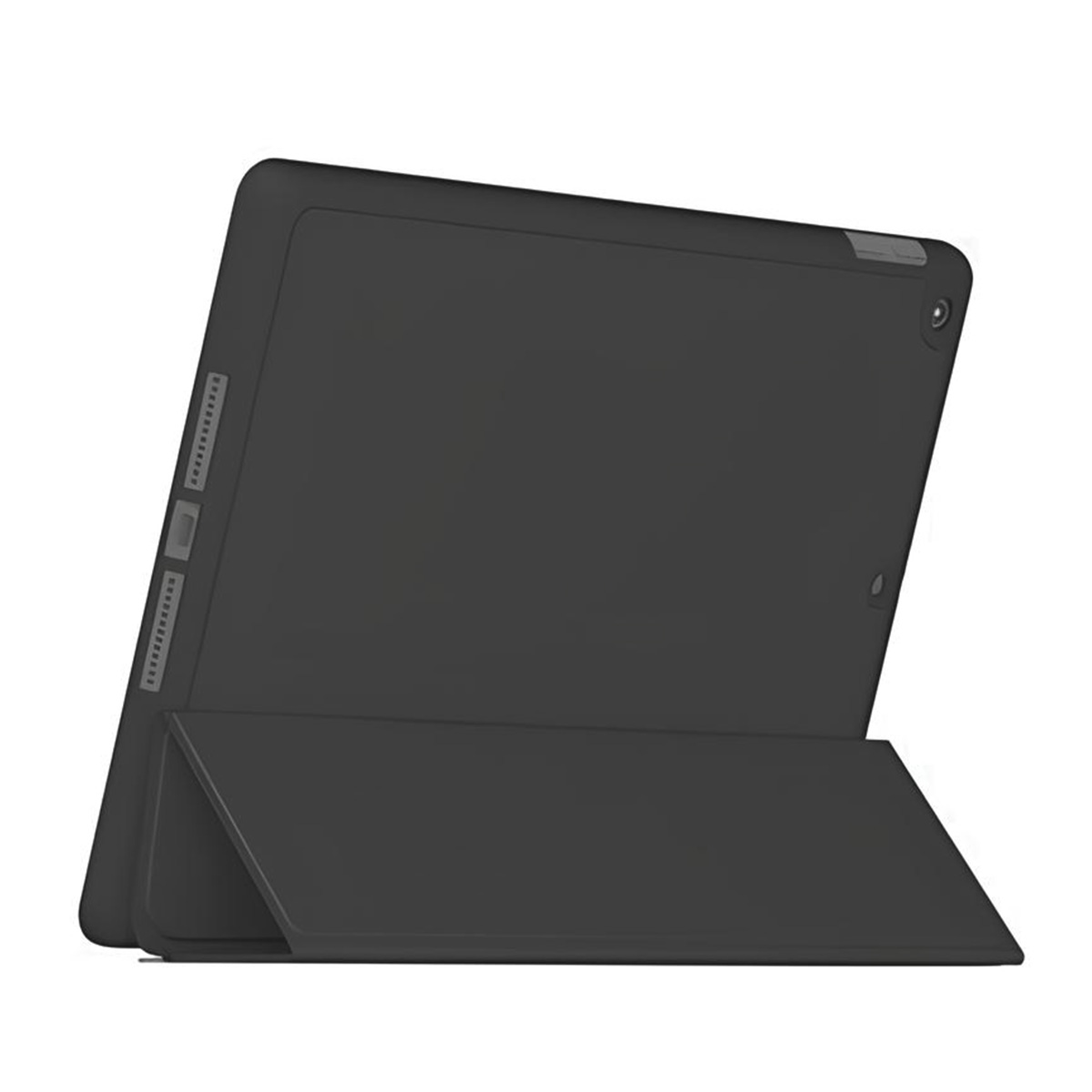 Tablet nero con cover nera sollevata, che mostra il retro. Il tablet è posizionato su una superficie bianca.