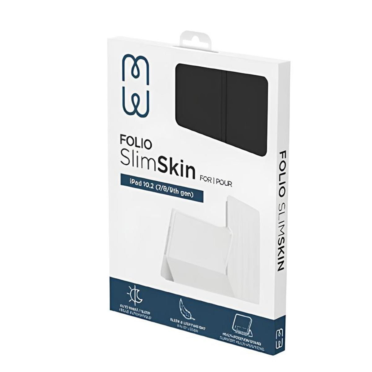 Scatola con custodia per tablet all'interno. La custodia è nera e la scatola ha un logo e testo.