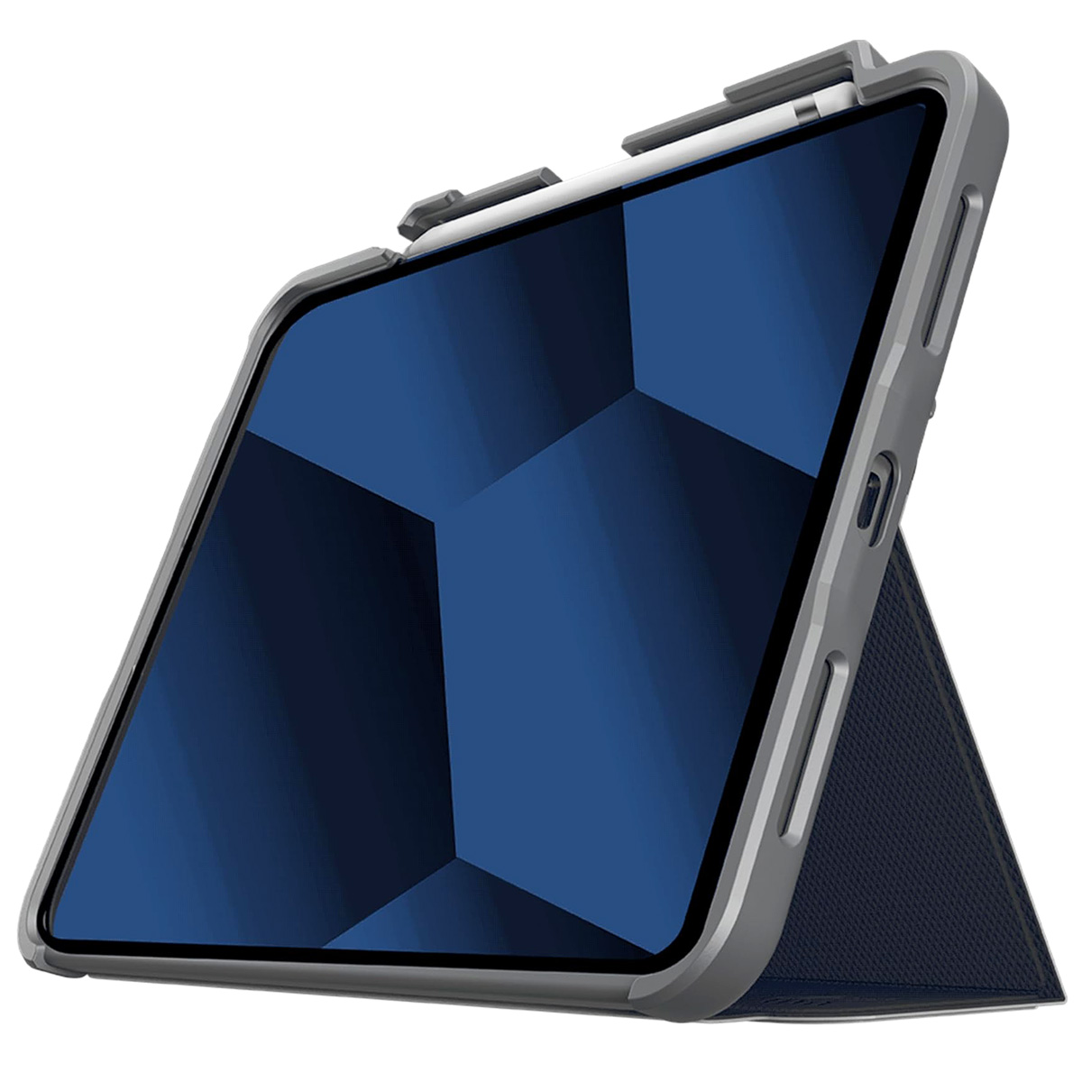 Un tablet con una custodia con supporto. Lo schermo del tablet è blu e la custodia è grigia e blu.