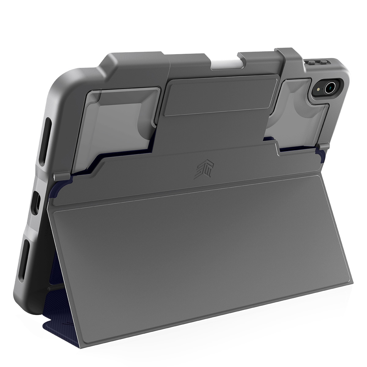 Una custodia per iPad. La custodia è aperta, con un supporto e un tablet all'interno. La custodia è grigia e ha una cover blu scura.