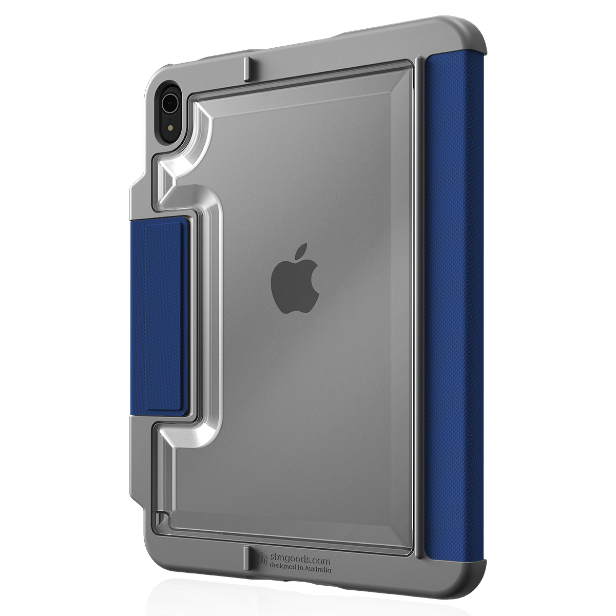 Una custodia grigia per iPad con un accento blu sul lato, il logo Apple visibile.