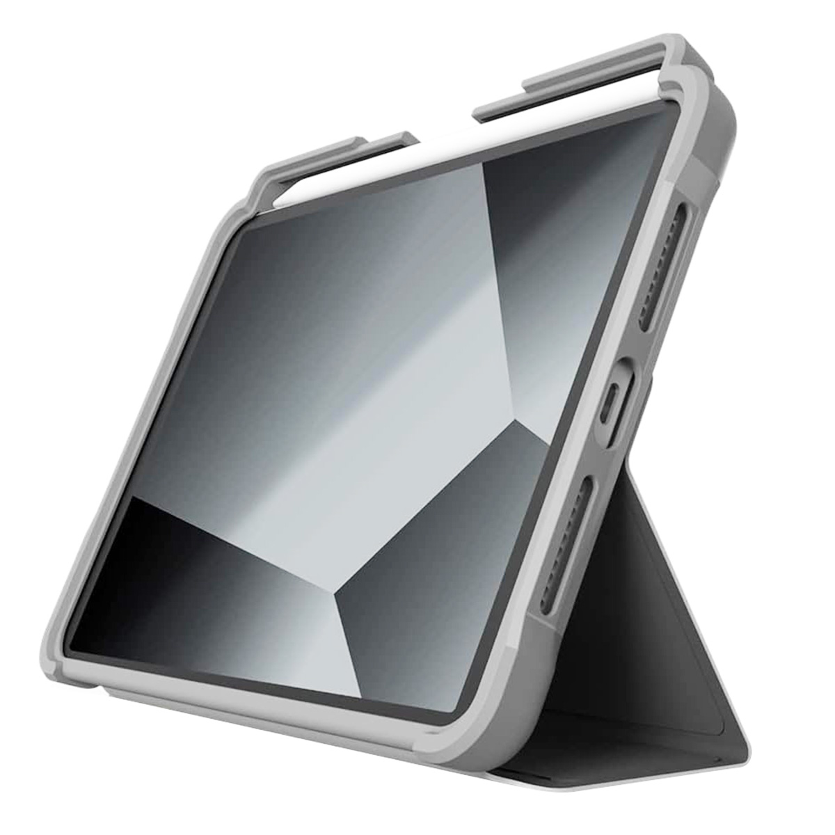 Un tablet con una custodia con supporto. Lo schermo è grigio e la custodia è grigia.