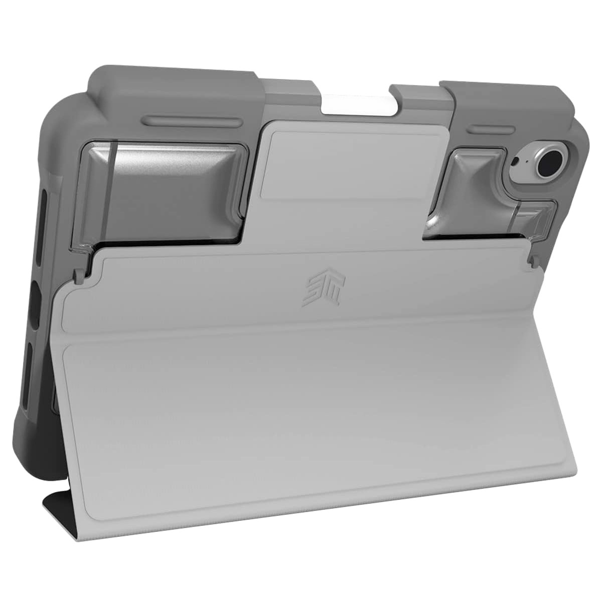 Una custodia grigia per iPad con una cornice argentata, il logo Apple è visibile.
