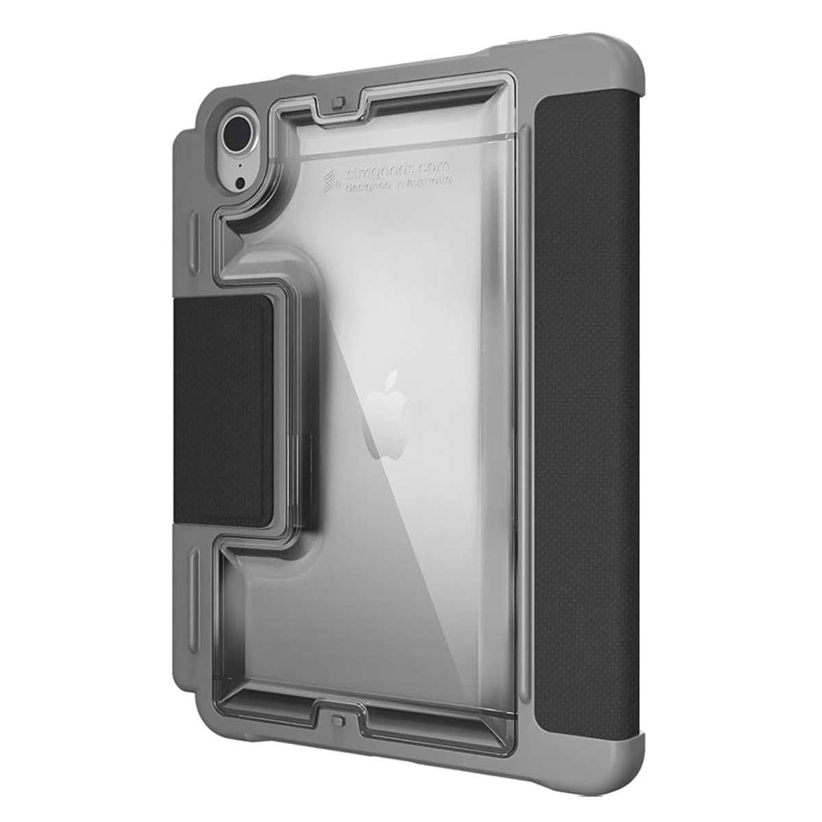 Un tablet in una custodia protettiva grigia con retro trasparente, che mostra il logo Apple. La custodia ha una maniglia nera.
