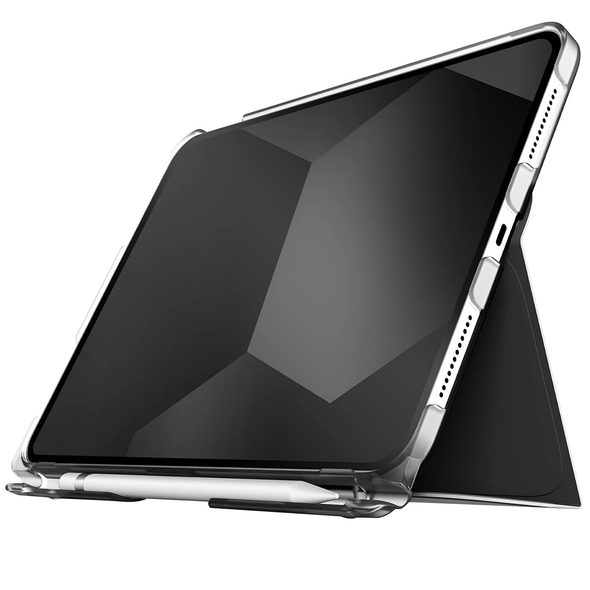 iPad in una custodia trasparente, angolato di lato. Una penna bianca è in basso. Lo schermo è visibile.