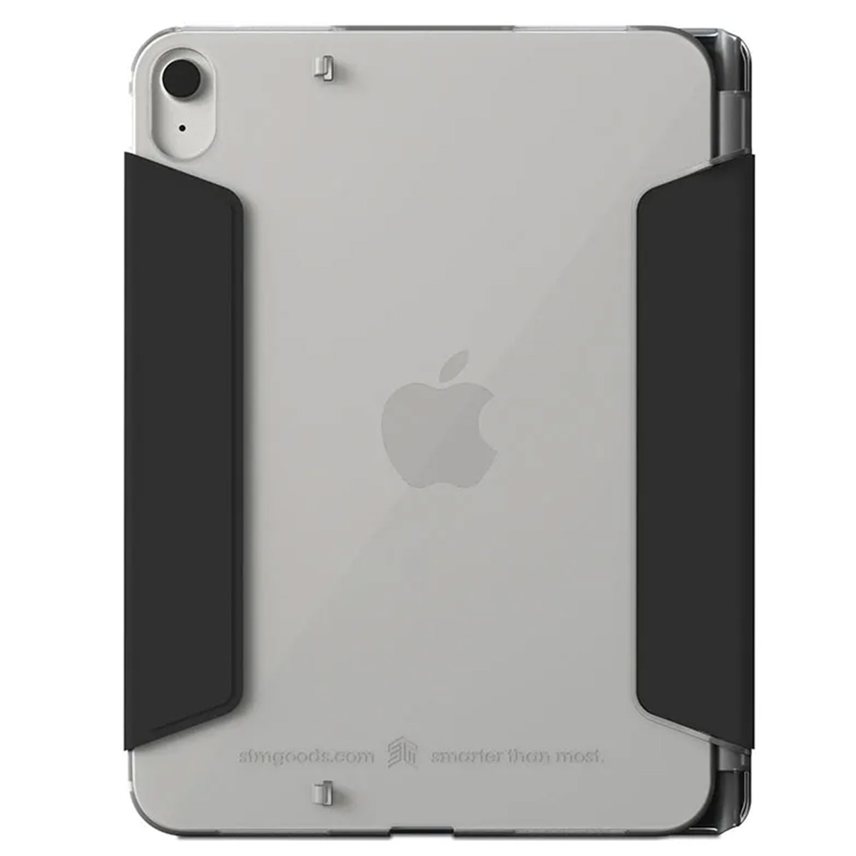 iPad in una custodia con retro trasparente e lati neri. Il logo Apple è visibile. Superficie bianca.