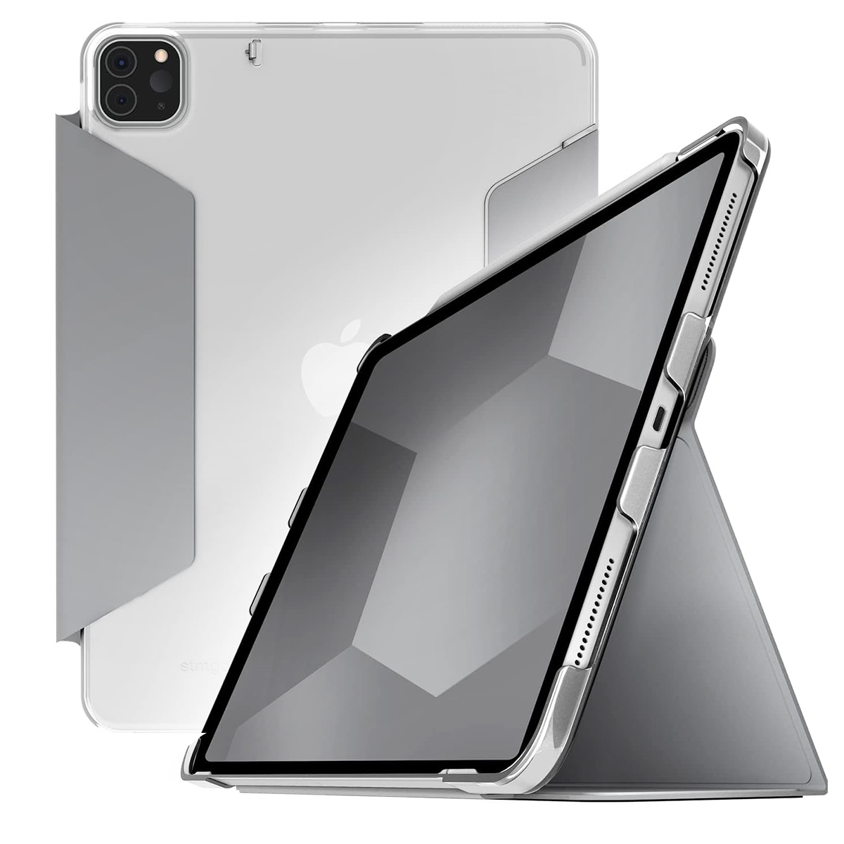 iPad con custodia, angolato, retro trasparente e cornice nera. Un altro iPad dietro. Sfondo bianco.