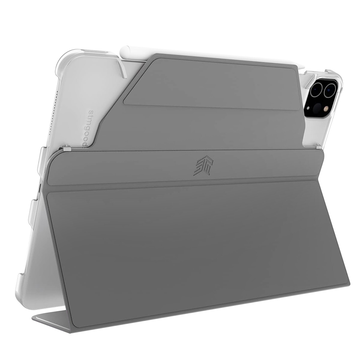 Viene visualizzata una custodia grigia per tablet con una cover pieghevole, con un tablet bianco all'interno e una penna grigia.