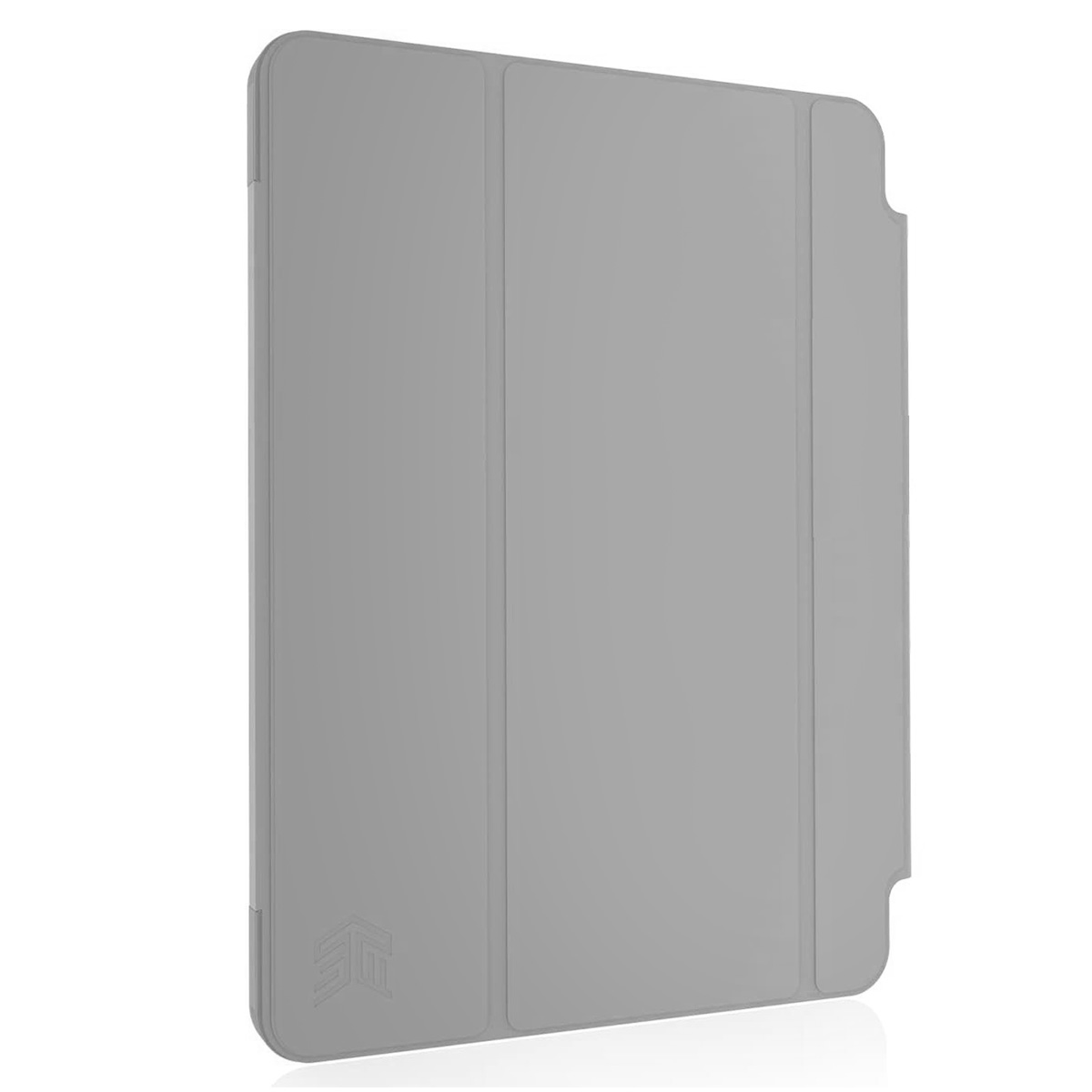 Una custodia per tablet chiusa, grigio chiaro. La cover è liscia con linee sottili. La custodia è chiusa.