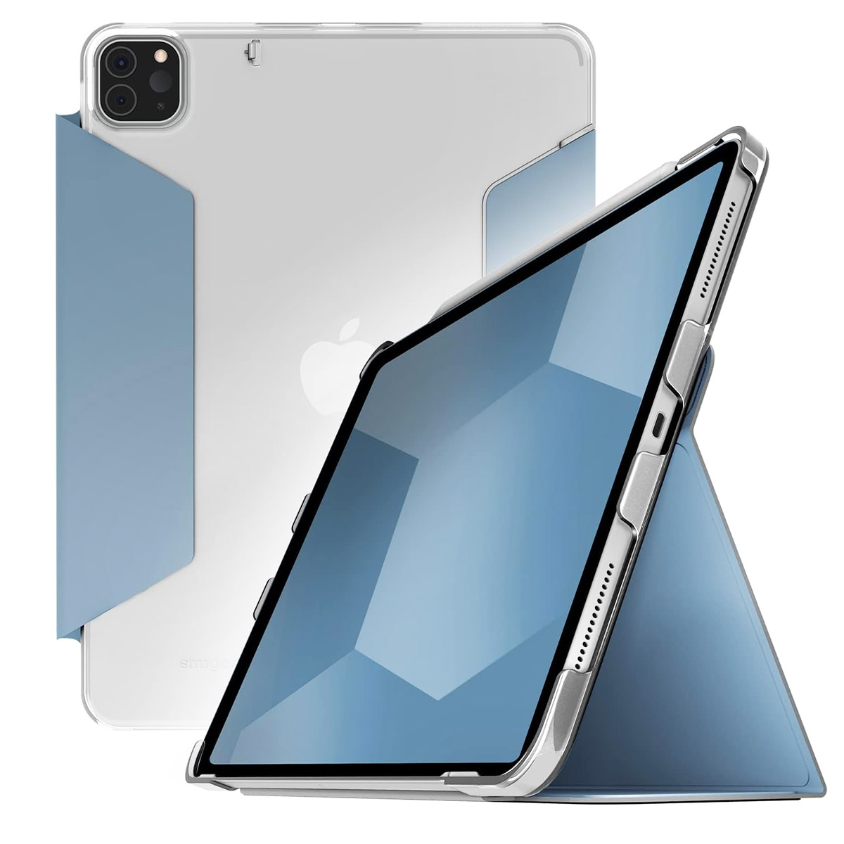 Un tablet con custodia trasparente e una cover blu che si piega per creare un supporto, con il logo Apple visibile.