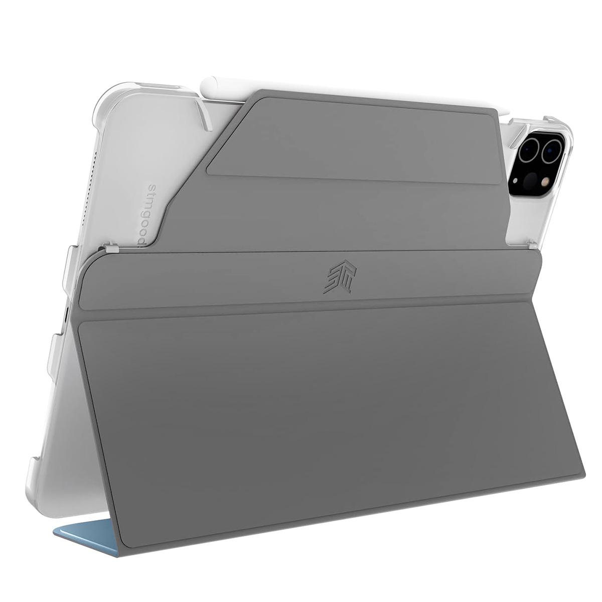 Una custodia grigia per iPad con supporto e portapenne integrati, in studio.