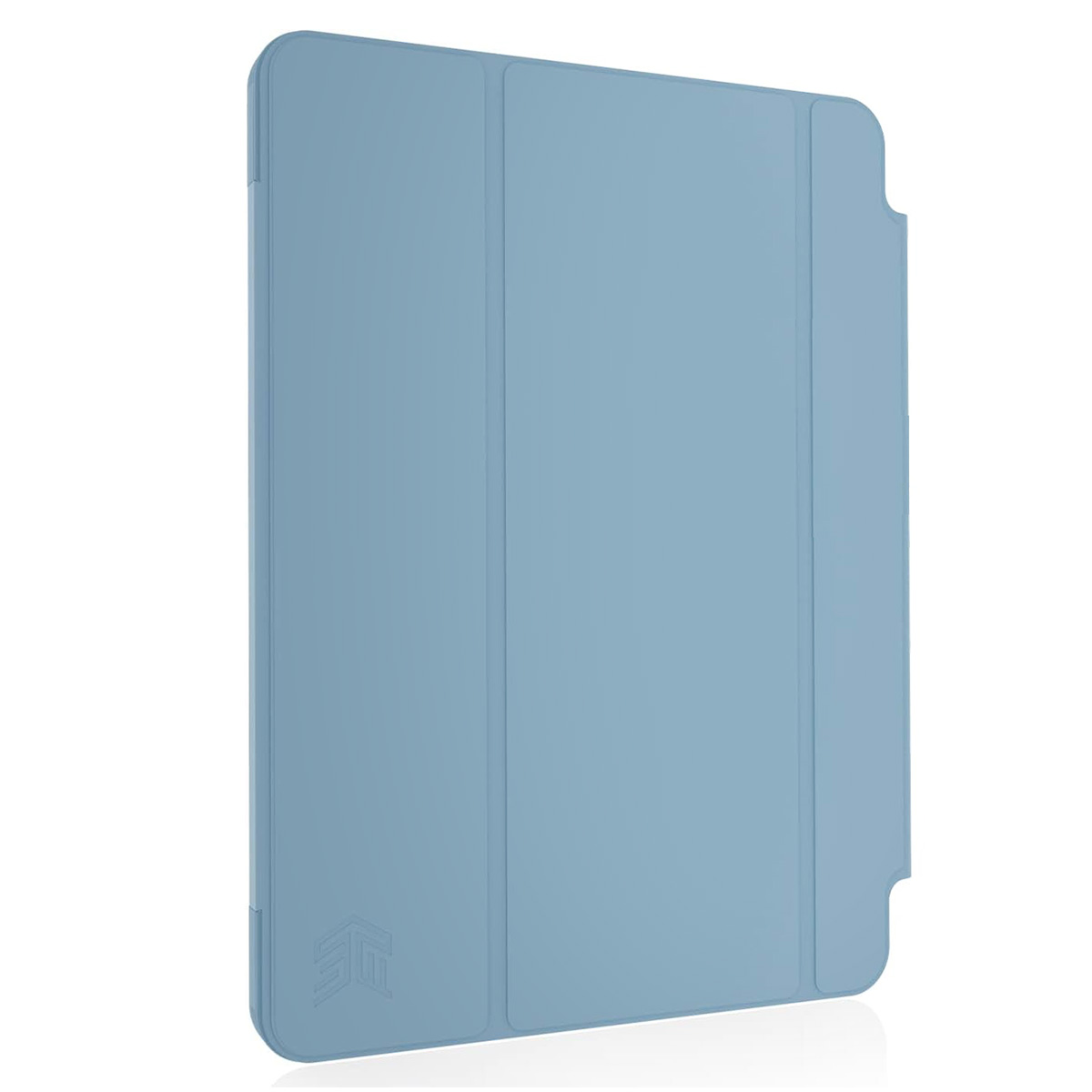 Una custodia blu per tablet chiusa, con un logo in basso a sinistra e il bordo del tablet visibile a sinistra.