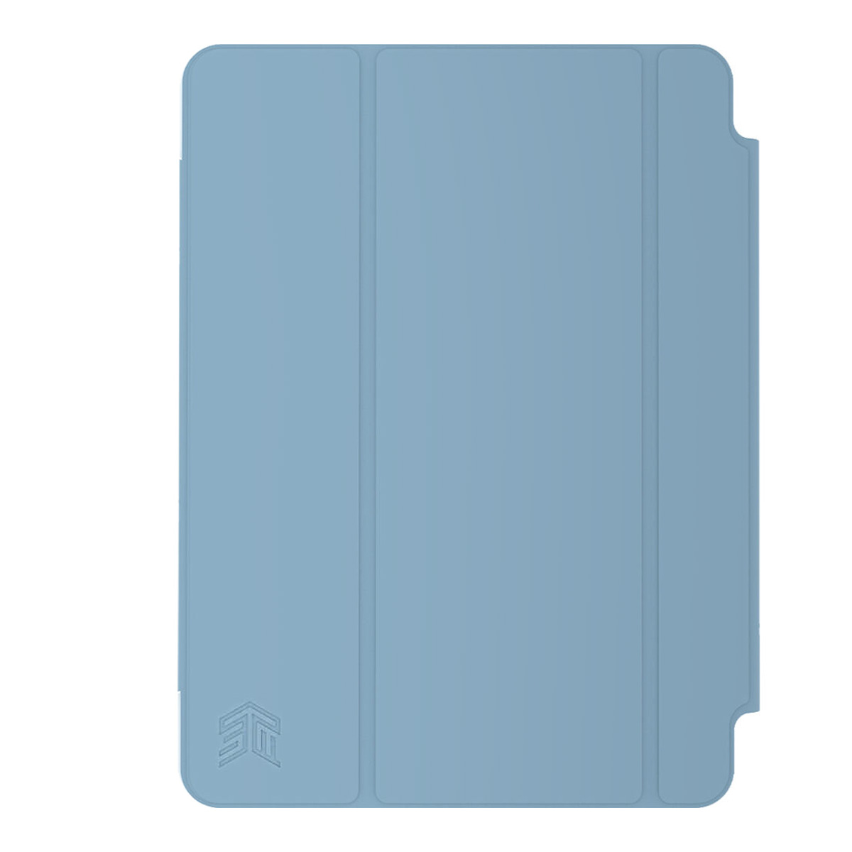 Una custodia blu per tablet chiusa, con un logo in basso a destra e il bordo del tablet visibile a destra.