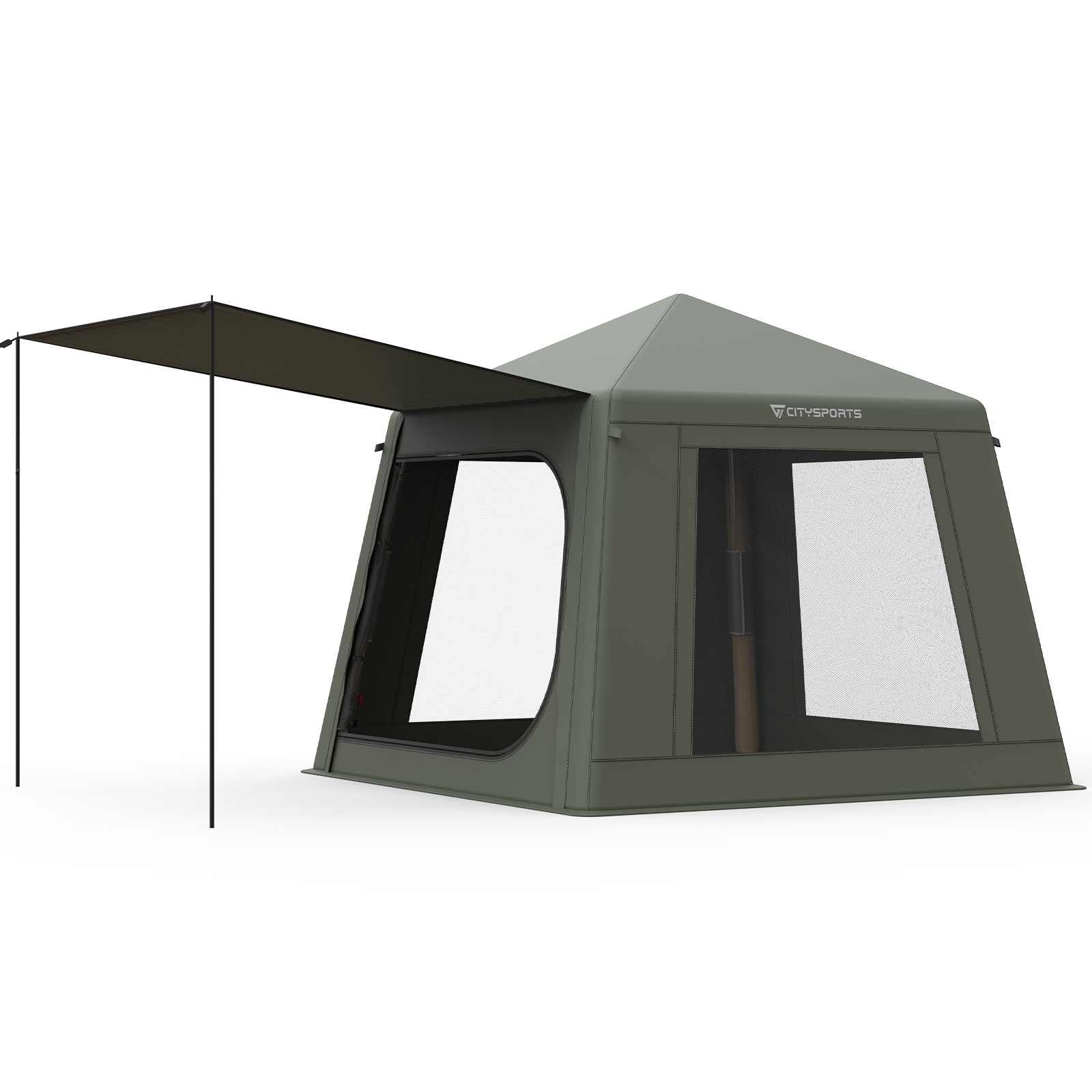 Zielony namiot z otwartą markizą, czarnymi słupkami i logo Citysports na białym tle.