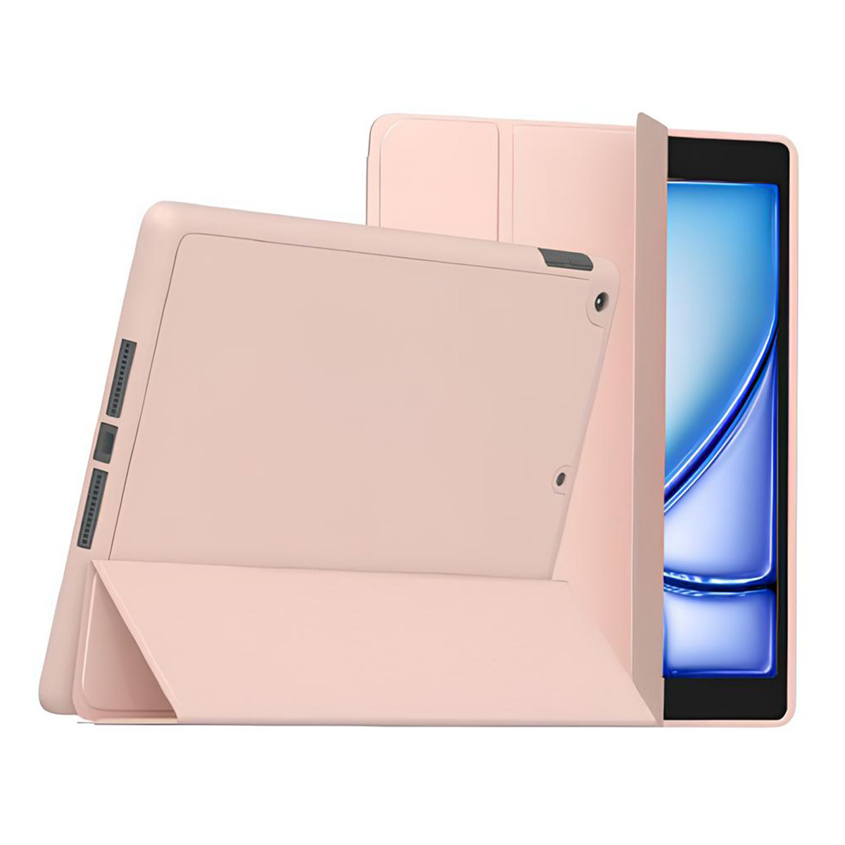 Custodia rosa per tablet, aperta, in piedi con un'altra custodia chiusa.