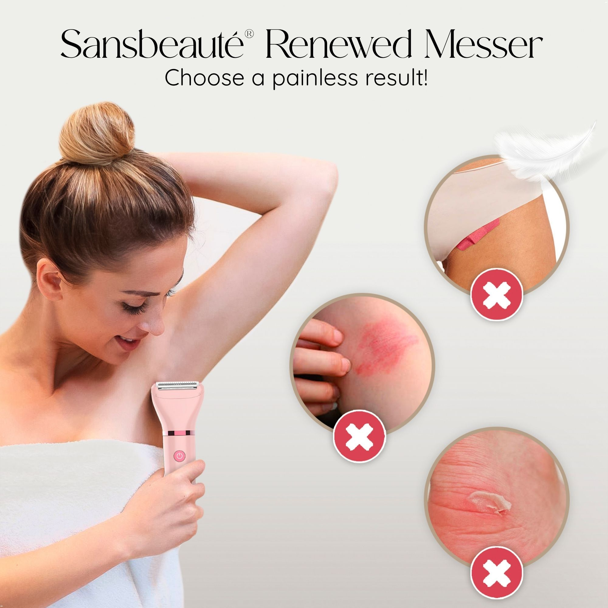 Frau hält ein rosa Haarentfernungsgerät, mit Bildern von Hautirritationen und Rötungen, mit weißer Feder.