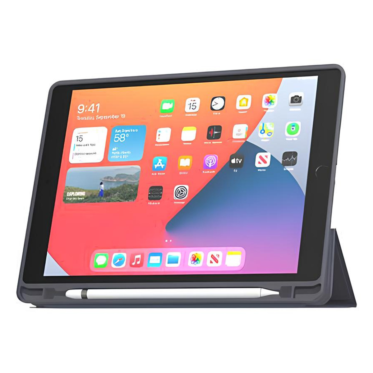 Un tablet in una custodia con uno stilo. Lo schermo mostra icone e l'ora come 9:41.