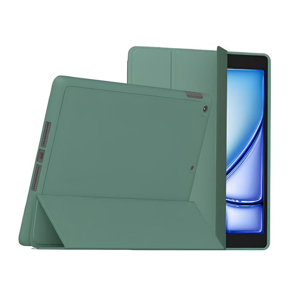 Una custodia verde per tablet con un tablet all'interno, leggermente aperta, che mostra lo schermo. La custodia è angolata.