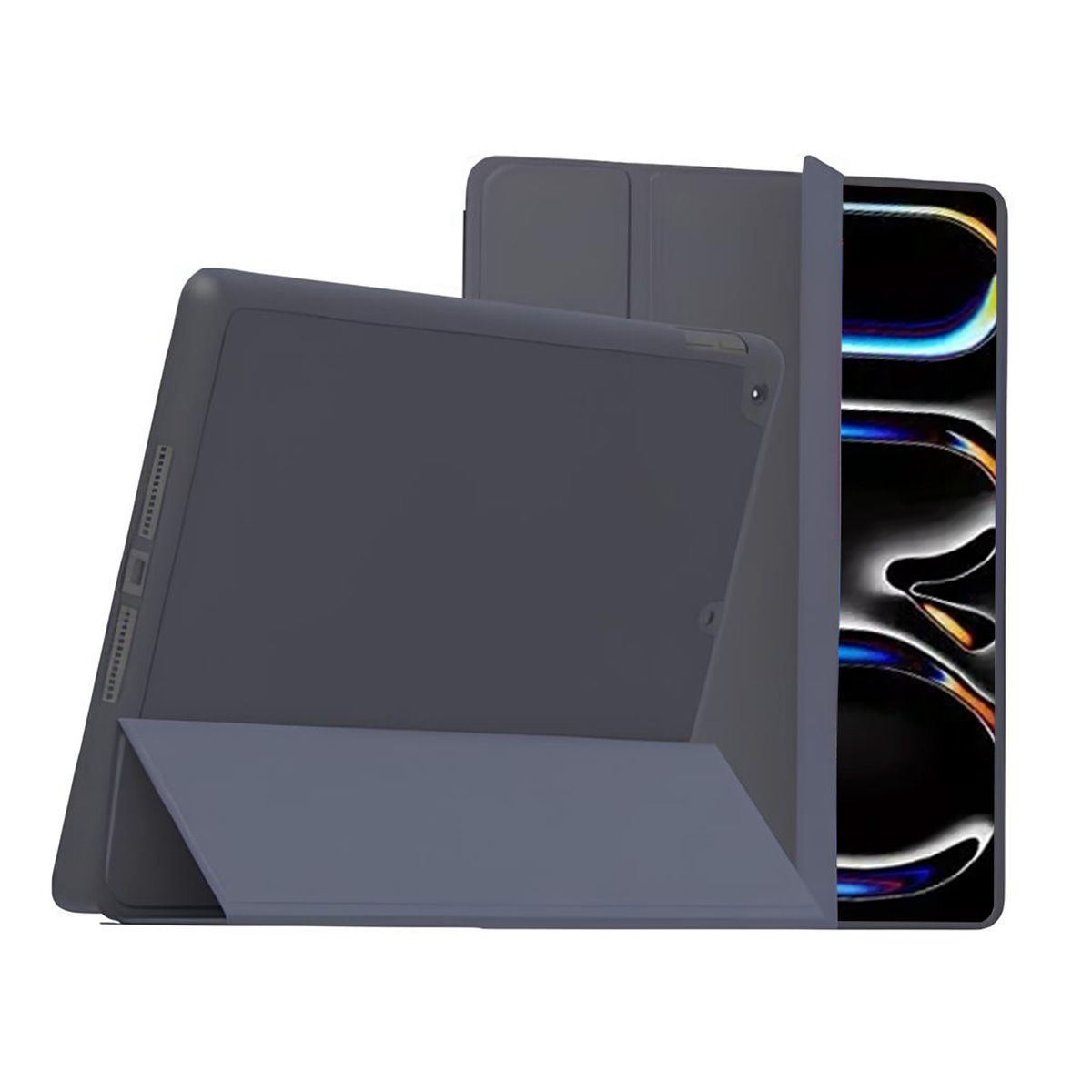 Una custodia blu scuro per tablet con un tablet all'interno, leggermente aperta, che mostra lo schermo. La custodia è angolata.