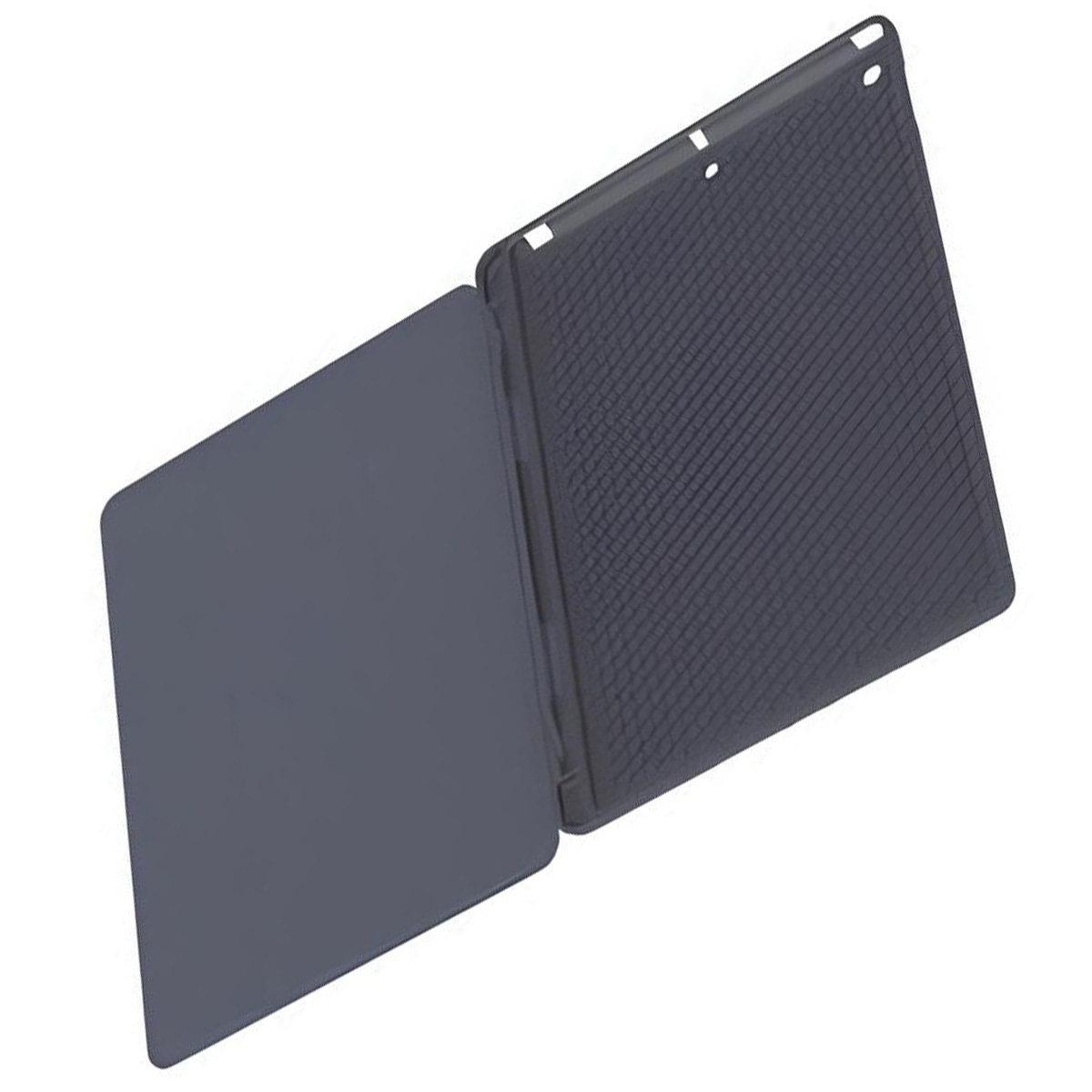 Custodia per tablet, aperta, con interno grigio scuro. La custodia è angolata su uno sfondo bianco.