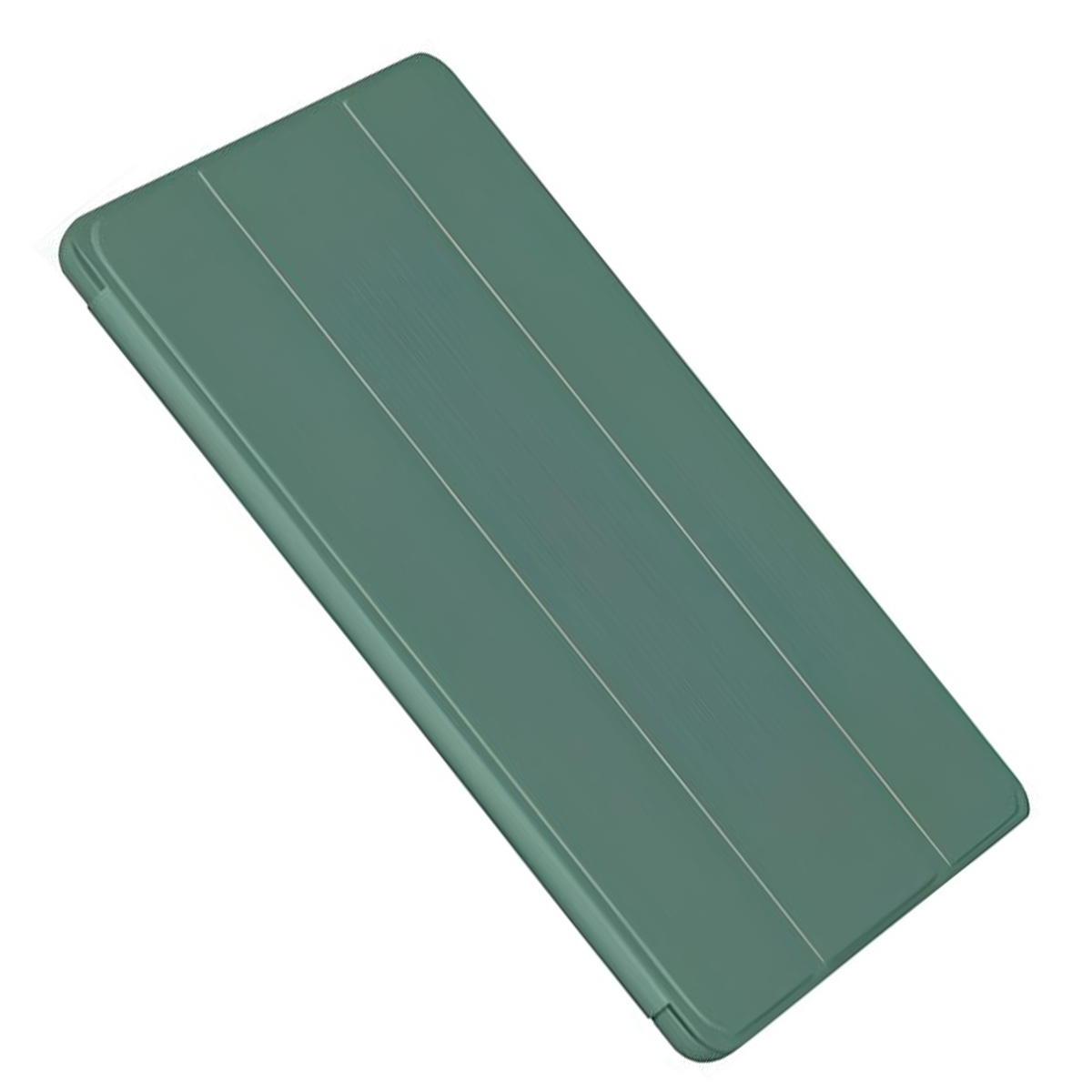 Una custodia verde per tablet, chiusa, angolata, che mostra la copertura. Ha linee verticali.