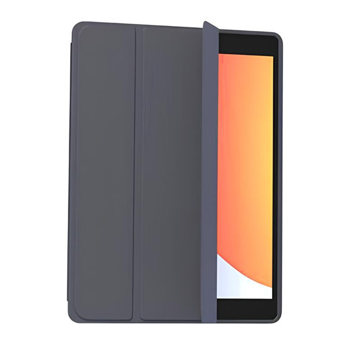 Custodia per tablet, aperta, che mostra uno schermo arancione. La custodia è contro uno sfondo bianco.