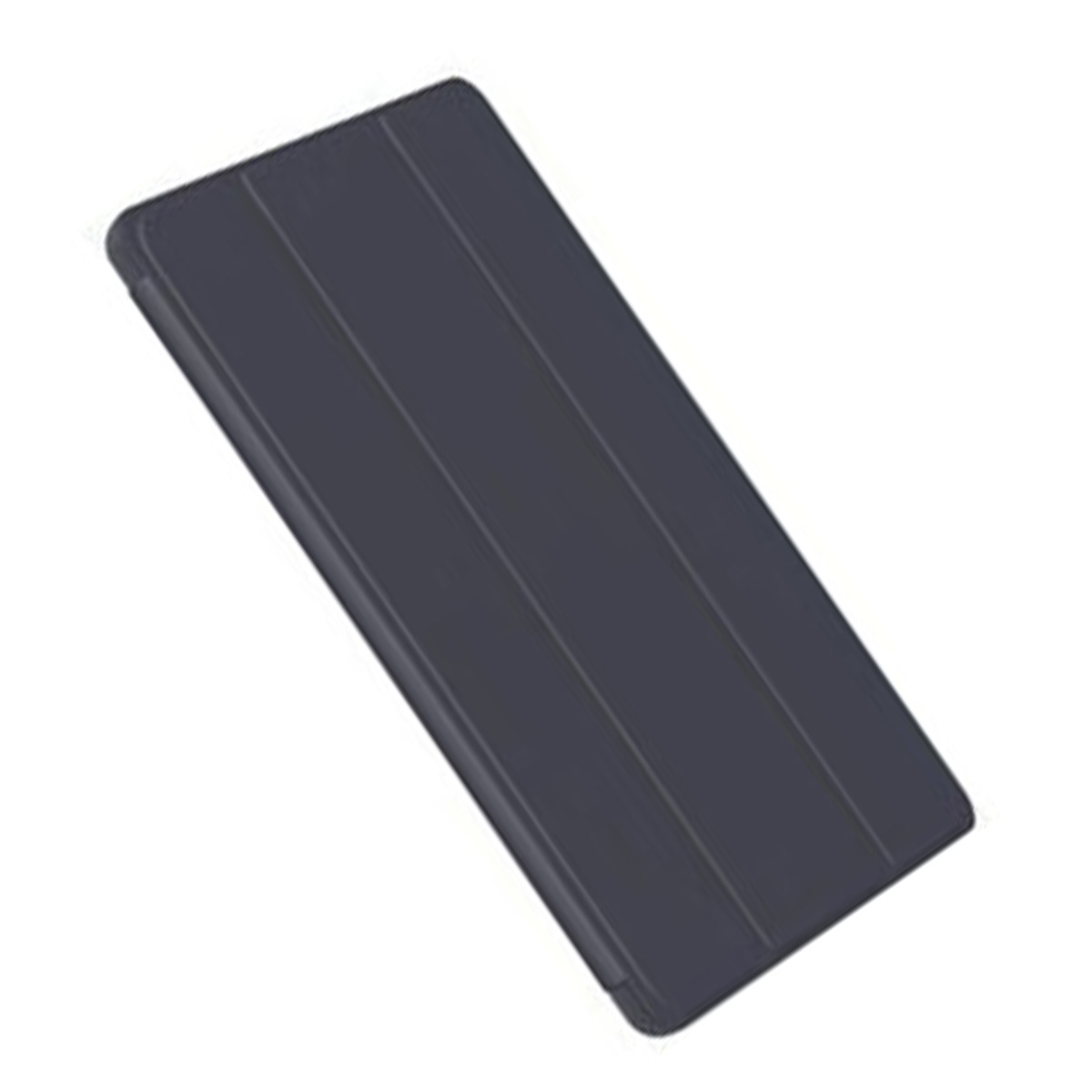Una custodia blu scuro per tablet, chiusa, angolata, che mostra la copertura. Ha linee verticali.
