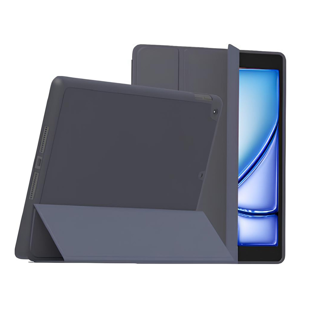 Tablet in una custodia blu scuro, con la custodia parzialmente aperta.