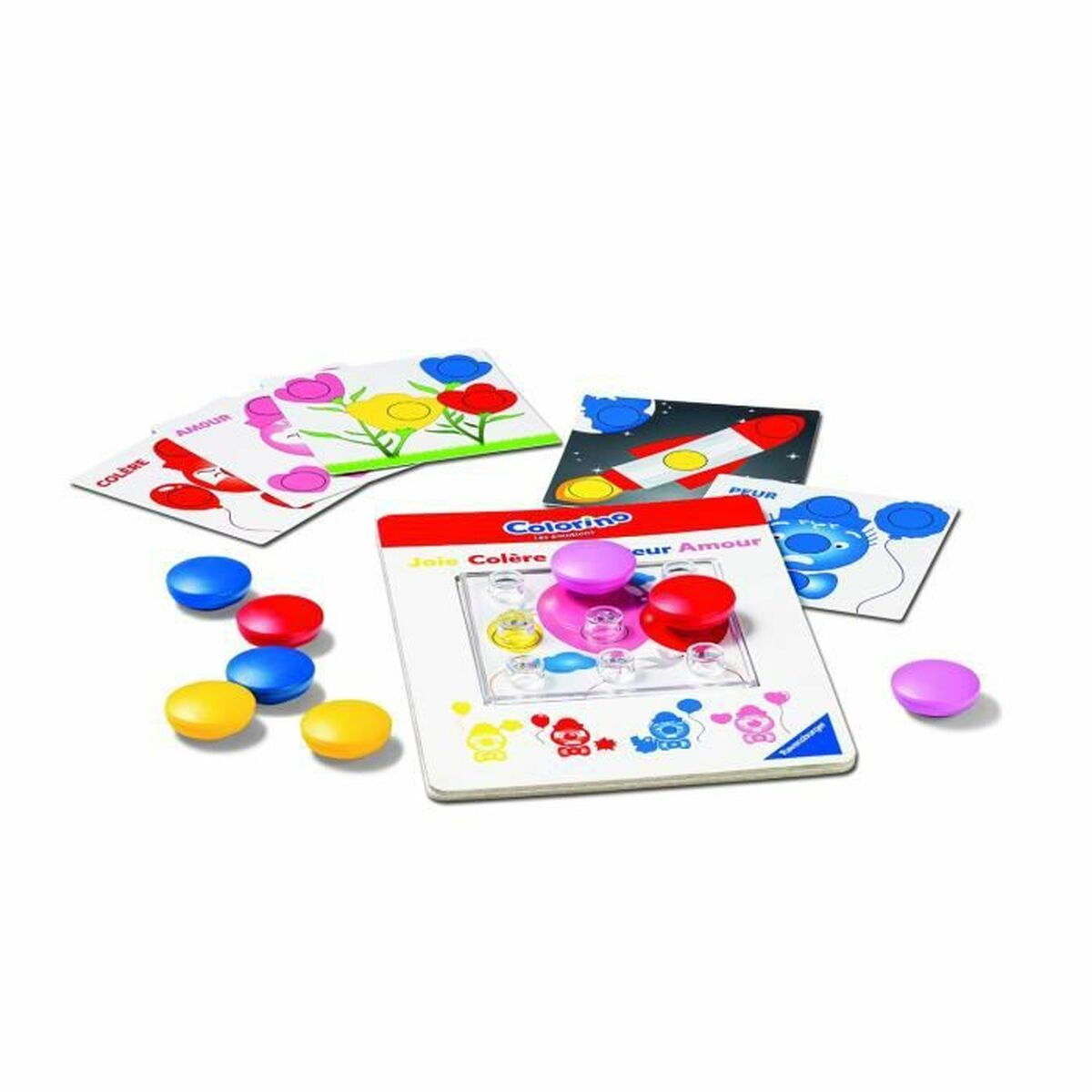 Gioco per bambini con carte a tema emozioni e pedine colorate.