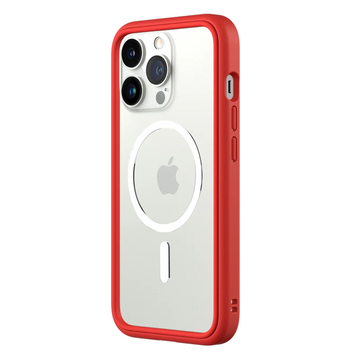 Una custodia per telefono con cornice rossa e retro trasparente viene mostrata, mostrando il design del telefono.