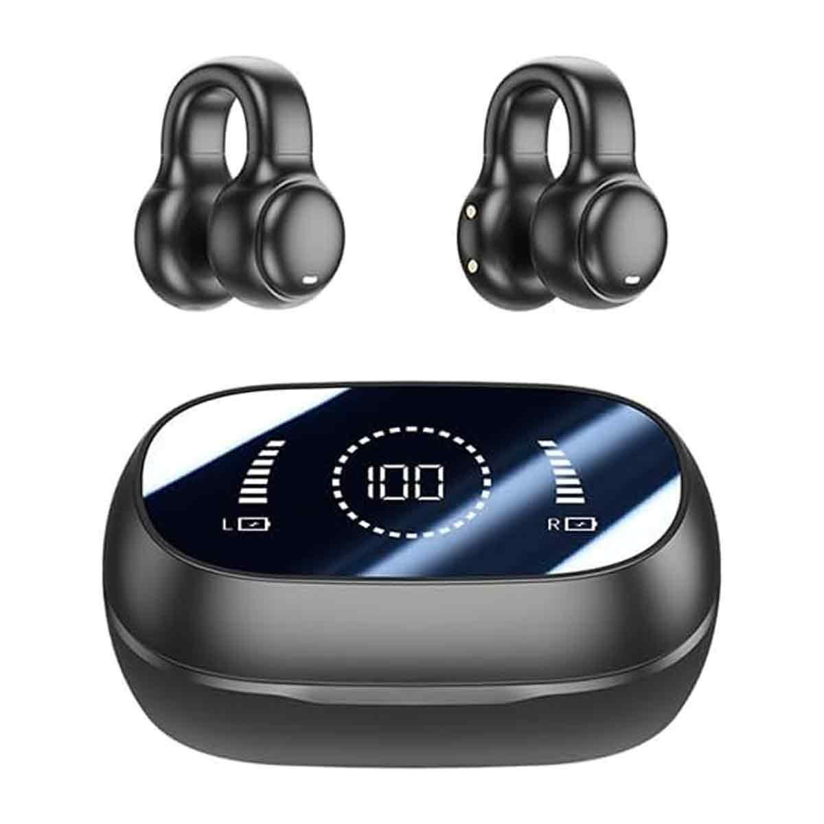 Schwarze Ohrhörer und Ladecase mit Digitalanzeige, zeigt 100 und Batterieleisten.