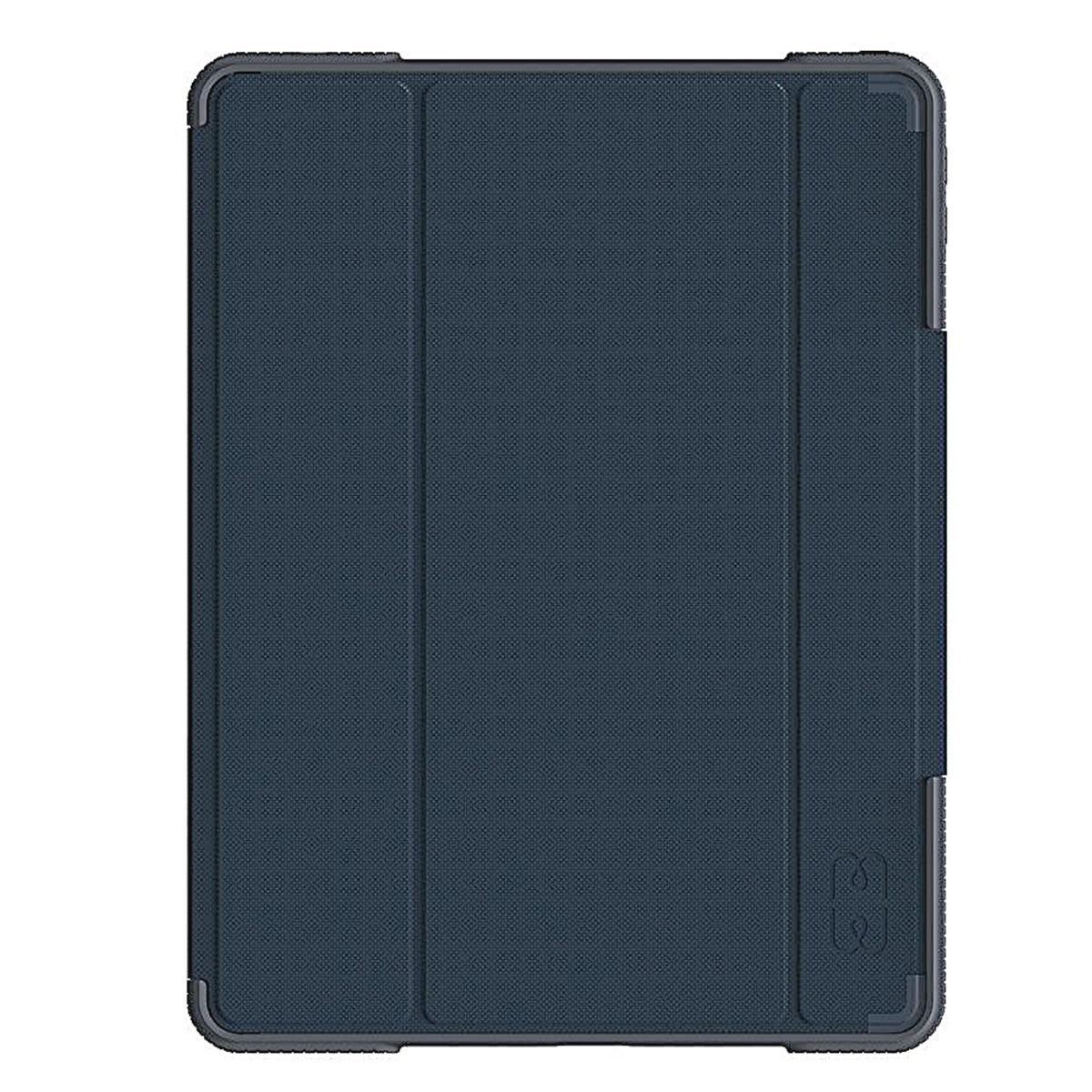 Custodia per iPad blu scuro con una superficie ruvida su sfondo bianco.