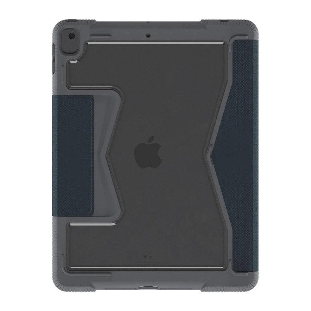 Custodia per iPad grigia e nera con logo Apple sul retro.