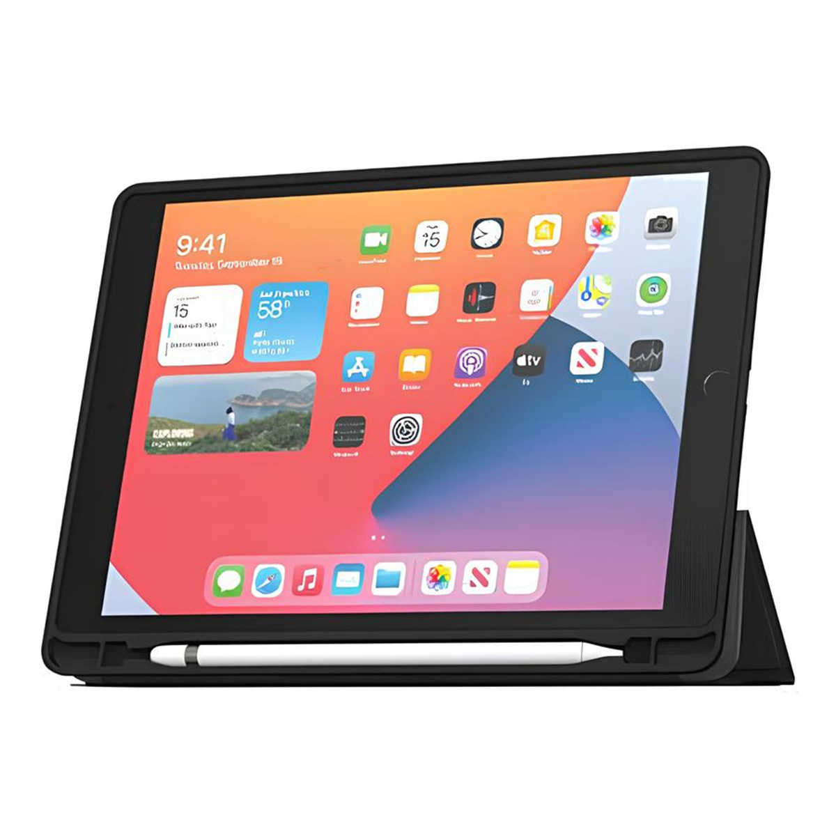 iPad in una custodia nera che mostra la schermata iniziale, con uno stilo bianco sotto.