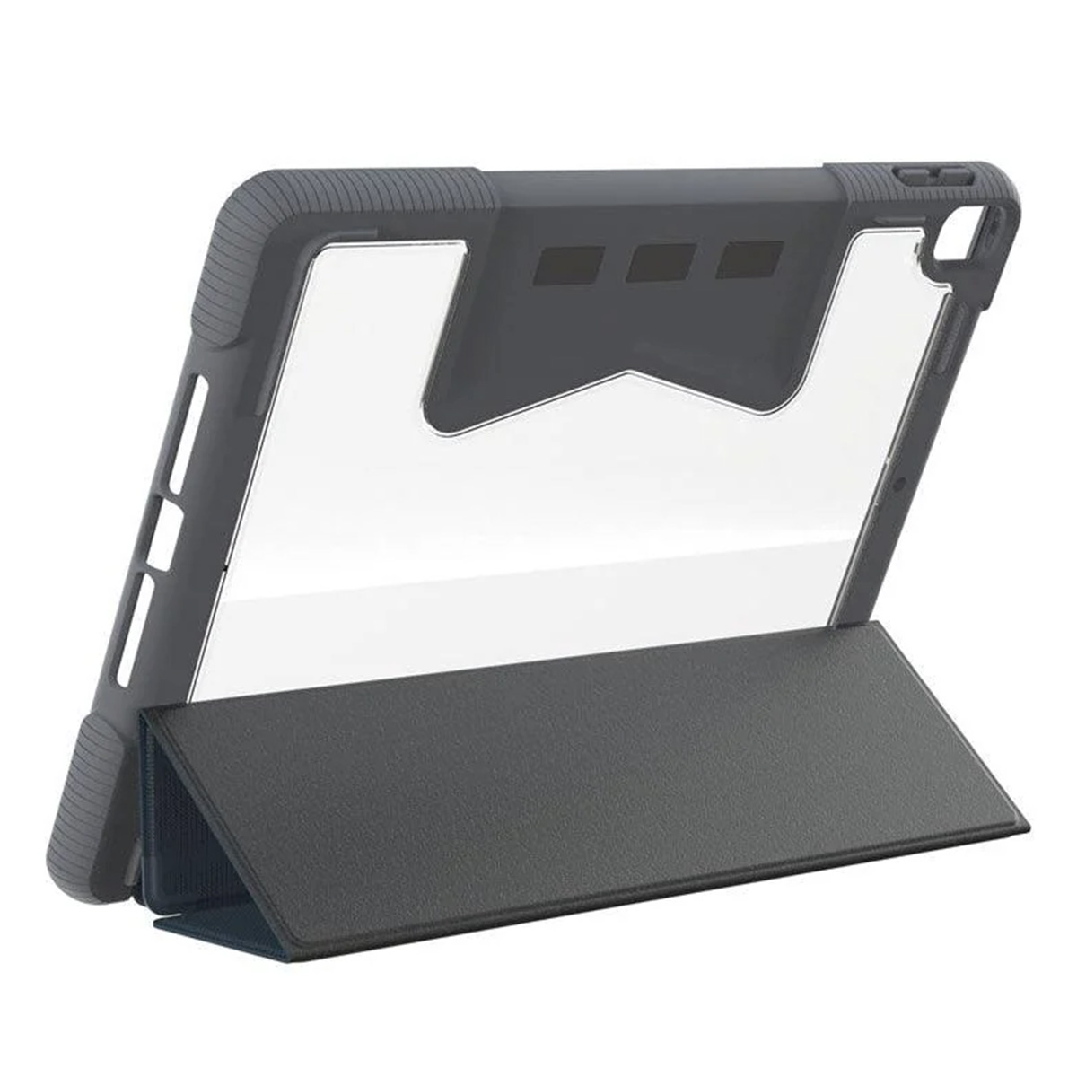 Custodia grigia per tablet con retro trasparente e supporto pieghevole.