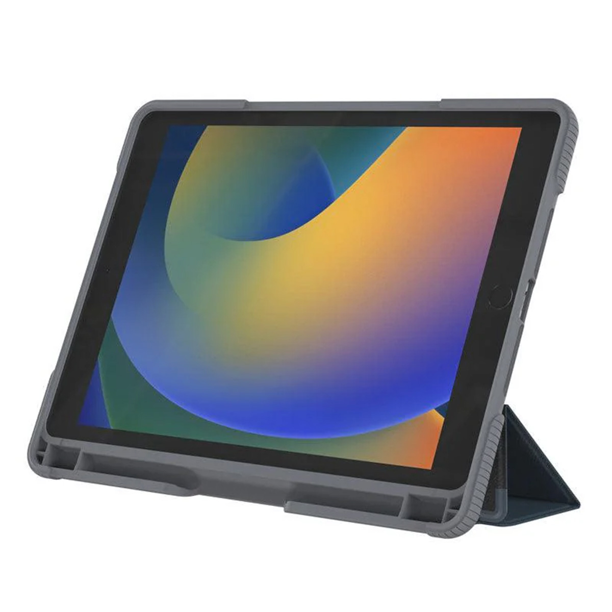 Custodia grigia per tablet con tablet all'interno che mostra uno sfondo astratto colorato.