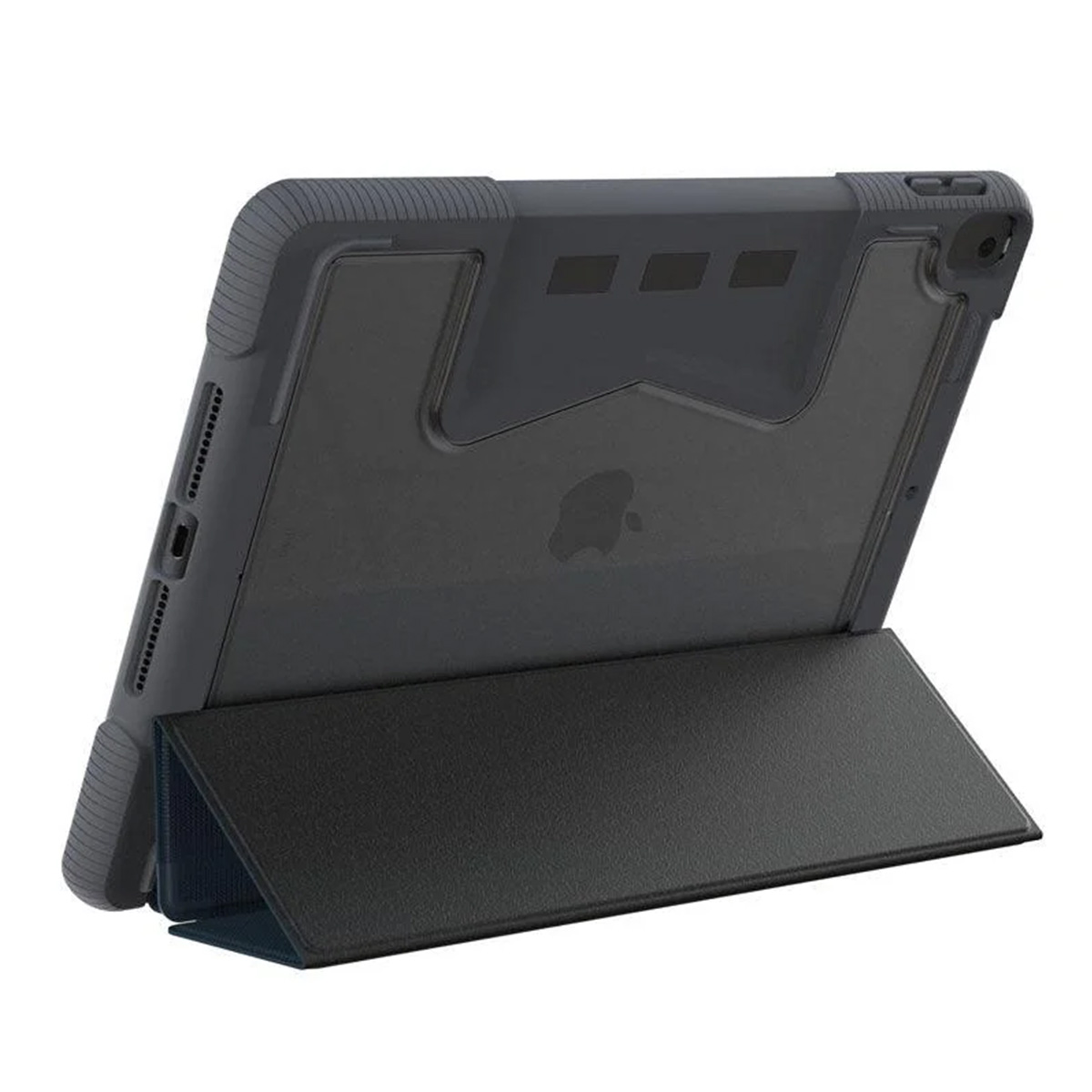 Custodia grigia per tablet con retro trasparente e supporto pieghevole, vista posteriore.