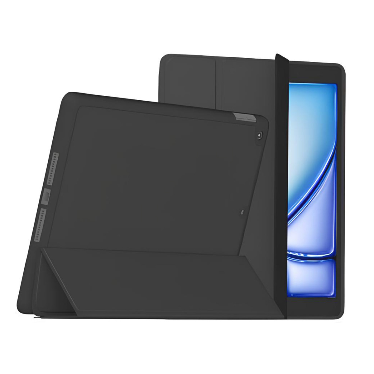 Due tablet neri, uno con custodia chiusa e uno con custodia aperta.